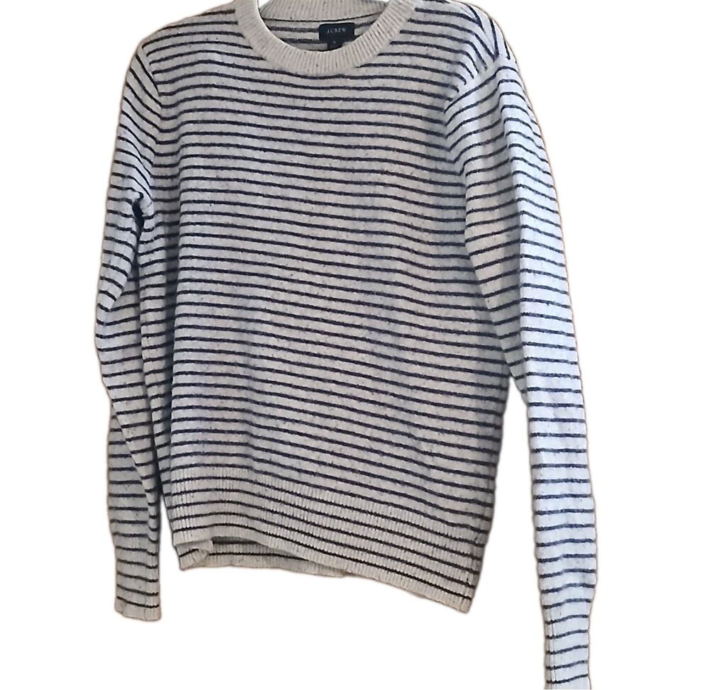 J CREW PREPPY CREAM NAVY STRIP CREWNECK PULLOVER WOOL BLEND SWEATER SMALL